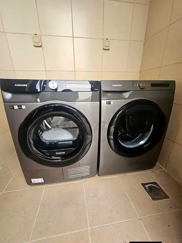 Samsung front-load 9kg washer and dryer set - black, good condition