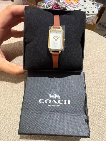 Coach women's rectangular leather strap watch with original box