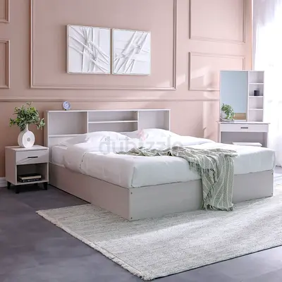 White Wooden King Bed with Headboard Storage Complete Bedroom Set Bed, 1 Nightstand Dressing, Stool