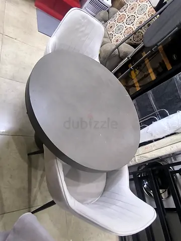 Round cement Dining Table with 2 Upholstered Chairs - Grey/White