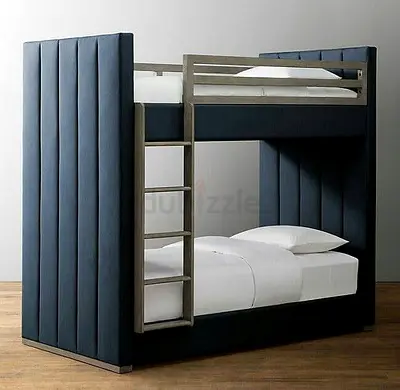 Modern upholstered bunk bed with ladder - twin over twin