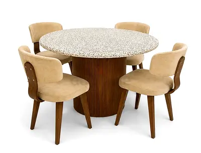 Round Terrazzo Top Dining Table with 4 Upholstered Chairs - Mid Century Style Negotiable