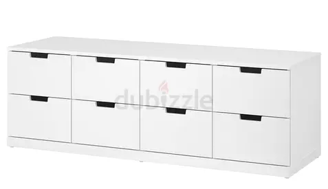 White 8-Drawer Low Storage Cabinet / TV Unit - Excellent Condition