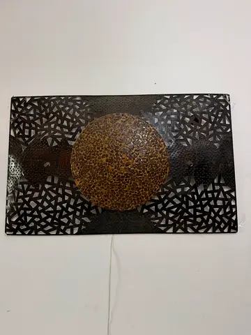 Handcrafted Metal Wall Art Panel with Geometric Cutouts and Brass Accent