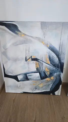 Abstract grayscale painting with gold accents – canvas artwork 100cm x 120cm