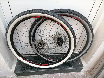 Pair of used 29-inch mountain bike wheels with tires and disc rotor