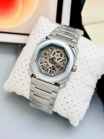 Silver skeleton mechanical men's wristwatch with stainless steel bracelet