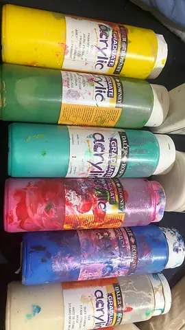 Set of 6 Used Acrylic Paint Bottles — Assorted Colors (Yellow, Green, Turquoise, Pink, Blue, White)