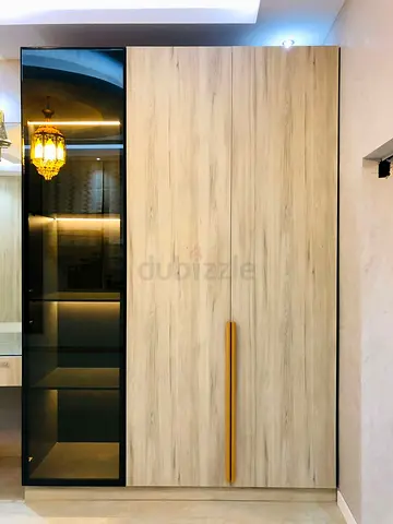 Modern two-door wardrobe with glass display panel – light wood finish