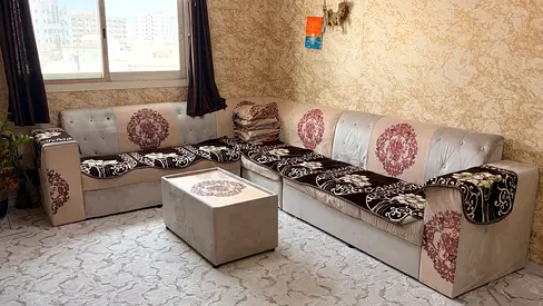 L-shaped fabric sofa set with ottoman — light grey, good condition