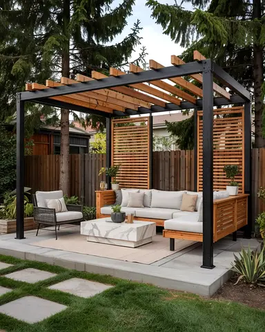 Outdoor Wooden Pergola with Built-in Seating and Cushions