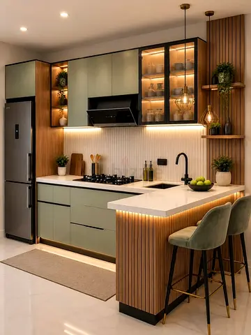 Modern L-shaped Kitchen with Breakfast Bar and Green Matte Cabinets