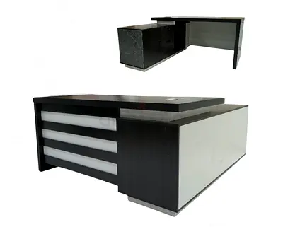 Large L-shaped Executive Office Desk with Drawers - Dark Wood & White Finish