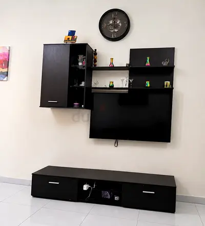 Wall-mounted TV unit and matching low cabinet - dark wood finish