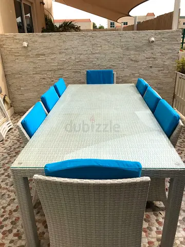 Outdoor 8-Seater Rattan Dining Table with Cushions - Good Condition