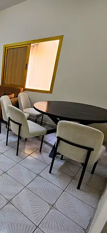 Wooden Round Dining Table with 4 Upholstered Chairs - Good Condition