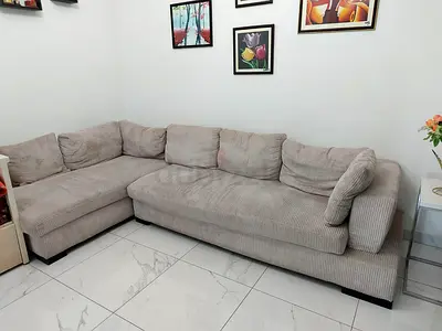L-shaped beige corduroy fabric sofa, 3-seater with chaise, total 5 PAX seating. Distress sale.