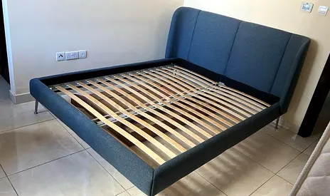 King size fabric bed frame with headboard and slatted base - good condition