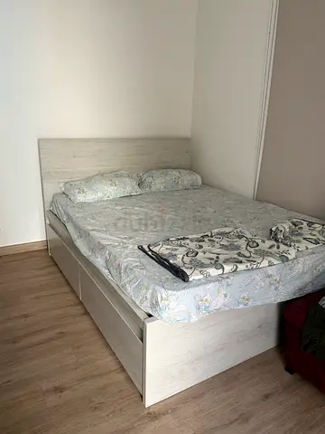 Double bed with storage + Mattress - light wood finish