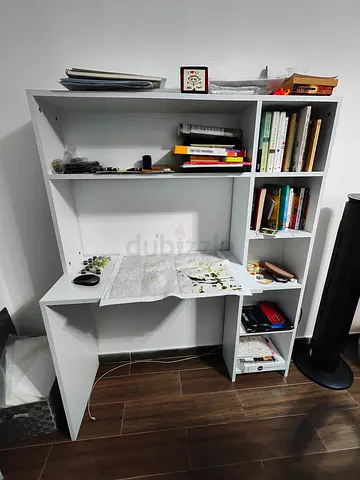 White wooden, kids study desk with shelves - good condition