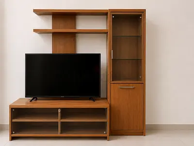 Wooden TV Entertainment Unit with Glass Display Cabinet - Good Condition