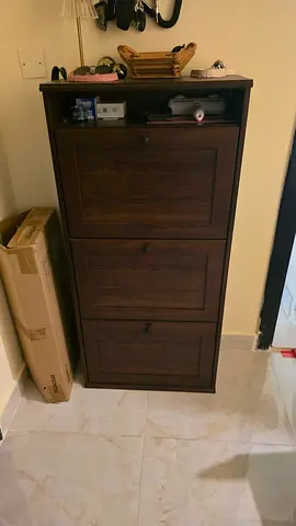 Dark Wood 3-Door Shoe Cabinet - Good Condition