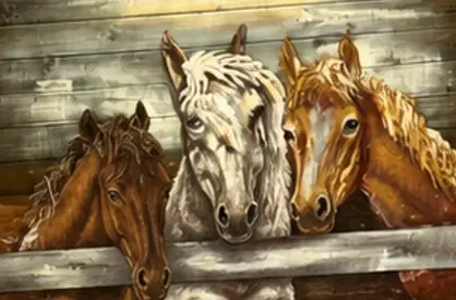 Framed Painting of Three Horses — Rustic Stable Scene