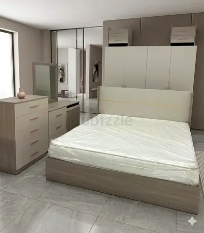 Modern King bedroom set with bed, wardrobe, dresser and mirror