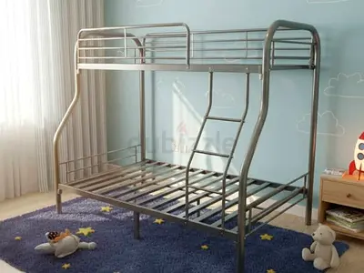 Metal Bunk Bed with Double Base — Sturdy Silver Frame, Good Condition