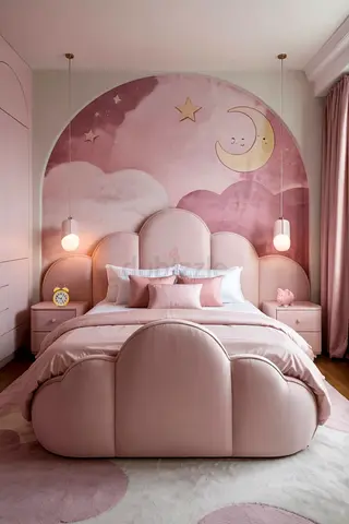 Pink Cloud Upholstered Kids Bed Frame and Bedroom Set