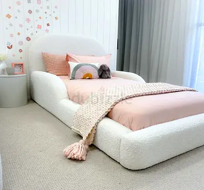 Kids White Boucle Upholstered Bed Frame