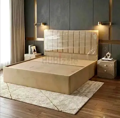 Queen size upholstered bed frame with tall padded headboard - beige