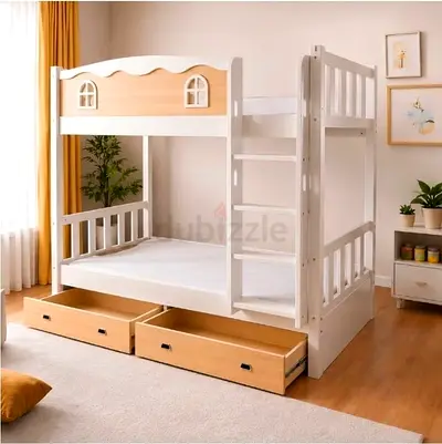 White Wooden Bunk Bed with Storage Drawers -