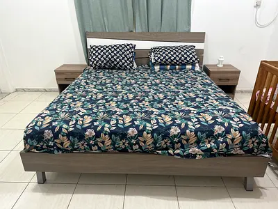 king bed frame with two matching nightstands - light grey wood finish