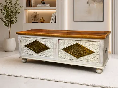 Solid Wood Carved Storage Bench with Brass Inlay - Rustic White Top