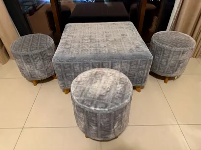 Set of 1 ottoman cube and 3 round stools in grey patterned fabric - perfect condition