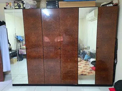 Large 6-Door Wardrobe with Mirrors, Brown Finish