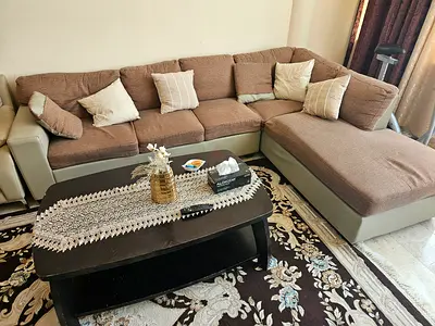 Comfortable L-shaped Sectional Sofa in Brown and Beige with tea table and 2x3 brown carpet