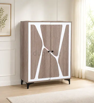Modern 2-Door Shoe Cabinet – Grey White Shoe Rack with Storage Shelves