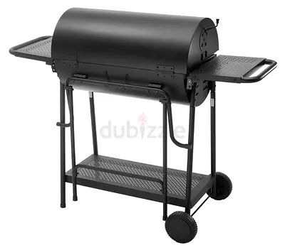 Charcoal Offset Double Barrel BBQ Grill with Side Shelves and Wheels