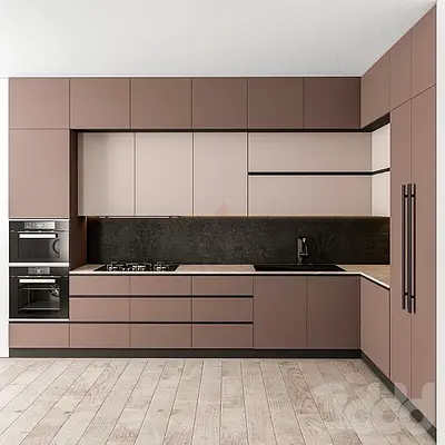 Modern L-shaped Built-in Kitchen Cabinet Set - Matte Taupe Finish