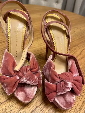 Charlotte Olympia pink velvet bow sandals, size 37 - preowned