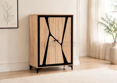 Modern 2-Door Shoe Cabinet – Beige Black Shoe Rack with Storage Shelves
