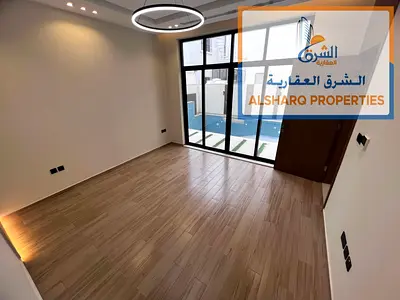 First occupancy Two floors and a rooftop 5 master bedrooms Living room and majlis Fully equipped kitchen Private swimming pool Garden Accessible parki