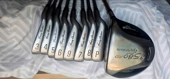 Used set of golf clubs with driver and irons - good condition.Practice swing path mat and balls free