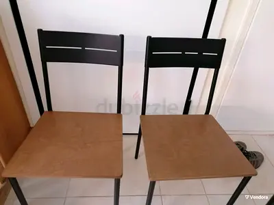 Set of 5 simple wooden dining chairs with metal frames