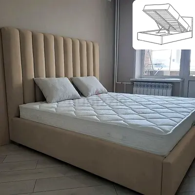 Beige Upholstered Storage Bed with Tall Channel Headboard - Queen/Double