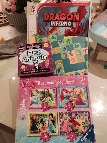 Lot of 4 Kids Puzzles & Board Games (Dragon Inferno, Ravensburger Disney, First Animals, Checke
