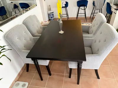 Dining table with 4 gray elegant chairs and green cabinet all come as one