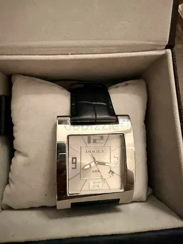 Police men's square silver case wristwatch with black leather strap